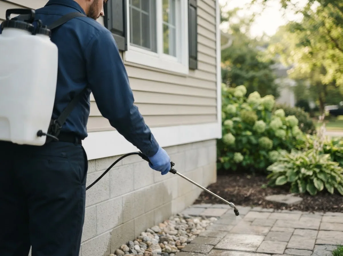 Pest control technician inspecting a home in Sterling, NY